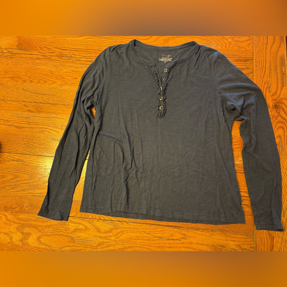 Vineyard Vines Navy Long Sleeve Ruffle Henley Shirt